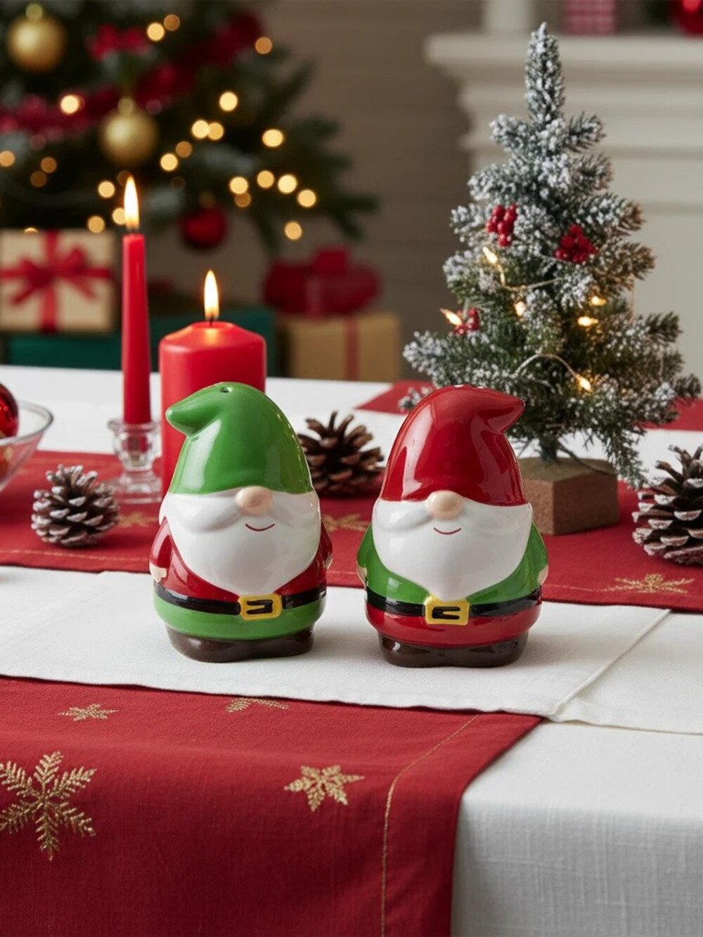 Festive Christmas Gnome Ceramic Salt & Pepper Shakers Holiday Kitchen Decor Gift